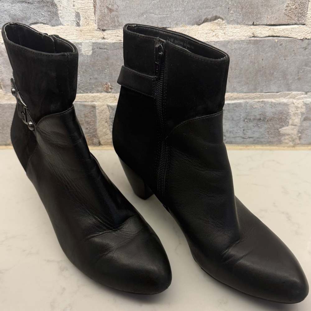 Naturalizer Encore Black Leather Suede Ankle Boots Buckle Pointed Toe Heel 7.5M